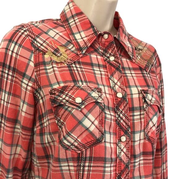 Y2k True Religion Fresh Peach Plaid Button Down Shirt Western Styling Gold Logo - Picture 15 of 16